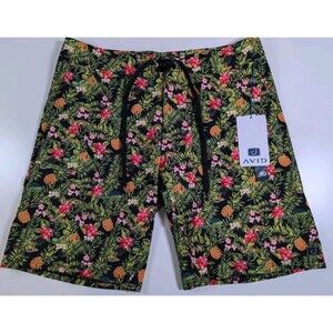 NWT Avid Boardshorts Mens 34 Black Al Over Pineapple Fish Floral Hawaiian Trunks